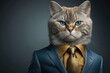 Serious cat wearing suit portrait, dark background copyspace, Generative AI