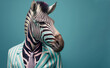 Zebra wearing pastel colored striped suit, copy space, Generative AI
