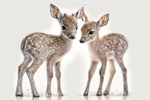 Two Little Baby Deer Standing Together Watercolor, Generative AI