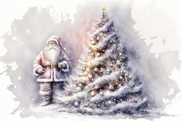 Wall Mural - Santa Claus standing by a Christmas tree and the snow outdoors  watercolor, Generative AI