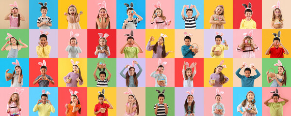 Collage with many children celebrating Easter on color background