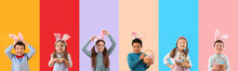 Set Of Many Children Celebrating Easter On Color Background