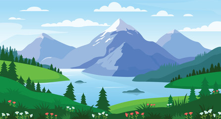 mountain lake landscape vector illustration. panorama of spring summer beautiful nature, meadow with