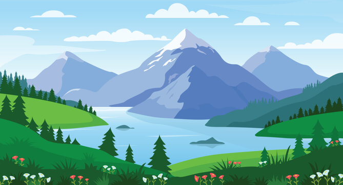 mountain lake landscape vector illustration. panorama of spring summer beautiful nature, meadow with