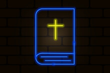 Neon Bible For Celebration Design. Cross Neon Sign. Vector Illustration.