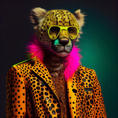 realistic lifelike cheetah in fluorescent electric highlighters ultra-bright neon outfits, commercia