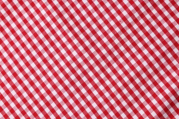 red checkered tablecloth as background, top view