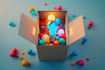Wall Mural - concepts ideas and inspiration depicted as a cluster of lightbulbs inside a blue box on a multicolor