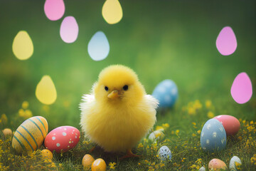  Easter yellow chick with colorful Easter painted eggs in a colorful meadow on Easter holiday, generative AI