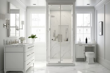 Side view of a modern, all white bathroom with a glass enclosed shower, vanity, and mirror. A sterile, tiled modern bathroom with no occupants is pictured here. Generative AI