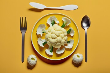 Wall Mural - Idea for losing weight. Photograph shows a cauliflower adorned dish taken from above, with utensils and a soft yellow background. Generative AI