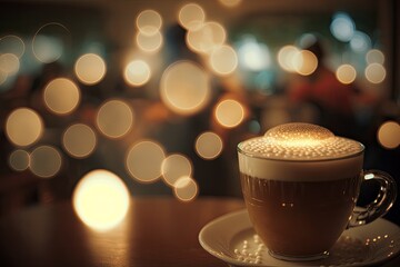 Sticker - Bokeh and vintage tones infuse this double exposed latte photo from a cafe. Generative AI