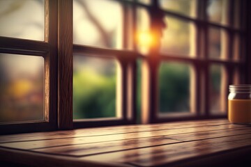 Canvas Print - Background of wooden table in soft focus from window sill. Generative AI