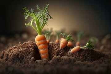 Canvas Print - Baby carrots sprouting from the ground. Generative AI