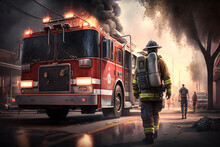 Scene Of Firefighter And Firetruck, AI Generative