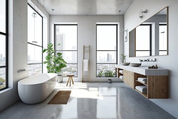 Wall Mural - Inviting bathroom design with a concrete floor, city view window, white wall, spacious bathtub, white sink with vertical mirror, and wooden vanity. white space. Generative AI