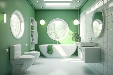 Poster - A circular white tub, two toilets, and a white lamp light up the white tiled bathroom with a green accent wall. Generative AI