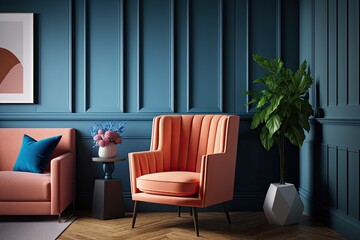 Wall Mural - Interior design that is both modest and contemporary, featuring a blue armchair, a Coral wall, and a wood floor. Generative AI