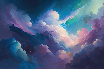 Wall Mural - Light filled, ethereal cloudscape in shades of blue, pink, purple, green, and lilac; a celestial background banner showing the skies above. Generative AI