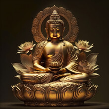 Buddha Gold Statue Sitting On Lotus, Generative AI