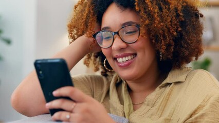 Poster - Laugh, phone and black woman on a sofa for social media, texting or funny meme in her home. Online, comic and girl relax with smartphone on couch, chatting and reading post or update in living room