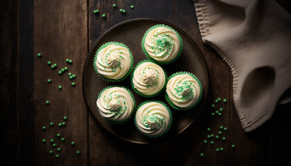 saint patrick's day cupcakes with green and white frosting and sprinkles on a wooden tray, lit by so