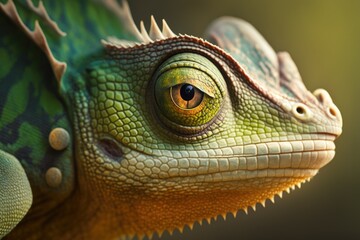 Wall Mural - In this close up of a chameleon's head, we can see that it is both hiding and ready to pounce on its target. Generative AI