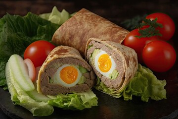 Wall Mural - In this up close photo, pork, cheese, and pickled cucumbers fill an egg roll, which is accompanied with tomatoes on a bed of lettuce. horizontal. Generative AI