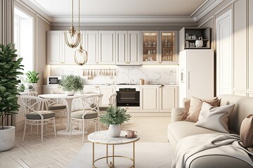 Poster - The white and beige decor is classic and modern. Combining the functions of the kitchen and the living room. Illustration Mockup Superb in every way. Generative AI