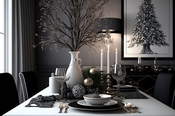 Sticker - Festive holiday table setting with ornamental tree in the living room. Generative AI