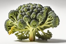 Broccoli Florets, Uncooked, On A White Background. Generative AI