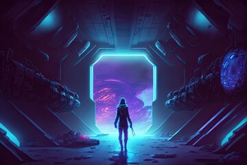 Wall Mural - Cyberpunk sci fi blue and purple illuminating background with a neon tunnel and a space alien ship in the dark. Generative AI
