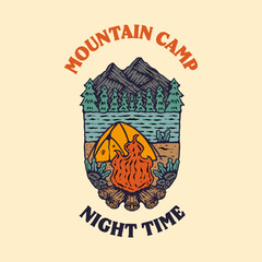 Mountain camp night time vintage illustration