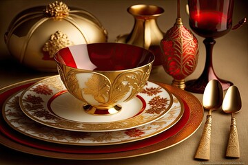 Poster - Tableware in tones of gold and red for the holiday. Generative AI