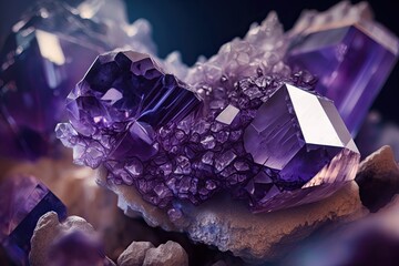 Poster - Macro mineral crystal, unpolished amethyst quartz crystals in purple; abstract gemstone crystal background. Generative AI