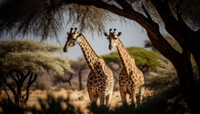 Into The Shadows: Two Giraffes In The African Savannah Generative AI