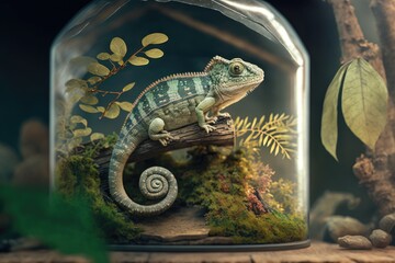 Wall Mural - Detailed view of a chameleon in its terrarium (Chamaeleonidae, Chamaeleo calyptatus). Generative AI