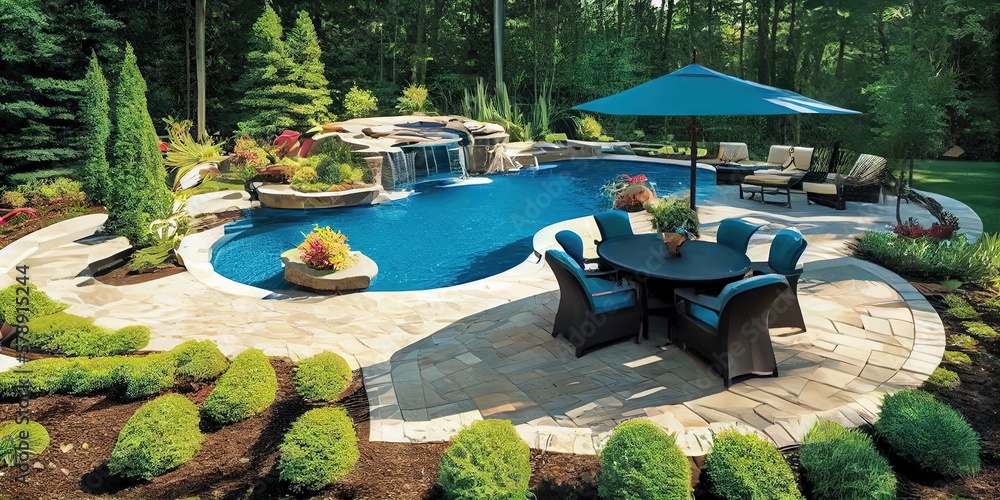 Backyard design with modern pool by generative AI Stock Illustration ...