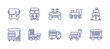 Transportation line icon set. Editable stroke. Vector illustration. Containing school bus, railway, quad, train, ship, bus stop, boat, van cargo, car, wagon.