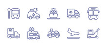 Transportation Line Icon Set. Editable Stroke. Vector Illustration. Containing Bus Station, Electric Car, Cargo Ship, Truck, Bus, Gift, Delivery Truck, Land, Logistics.