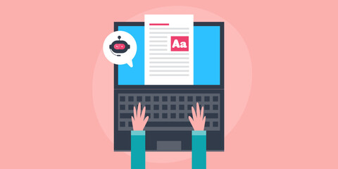 Wall Mural - artificial intelligence helping person writing content on laptop, vector illustration flat design we