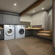 A basement laundry room with a washer and dryer3, Generative AI