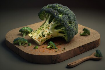 Poster - Prepared raw broccoli on a wooden board. Generative AI