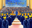 Graduating class of 2023 ceremony with students dressed in cap and gown and parents and people watching them receive their diplomas certificates