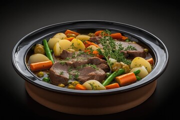  On a round dish with serving pieces, we have a new serving of meat and potato braising. Generative AI