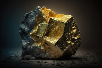 Canvas Print - Gold ore found in a dark mine, representing pure gold. Generative AI