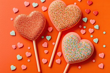 Wall Mural - Yummy heart shaped lollipops with sprinkles set against a vibrant coral background in a flat lay arrangement. Concept of a Love Triangle. Generative AI