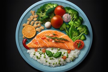 Canvas Print - Food plate with rice, beans, salmon, broccoli, carrots, cherry tomatoes, and lettuce. Generative AI