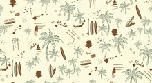 Hawaii Print Seamless Pattern Vector Illustration, Hand Draw Style, Palm, Surf, Sunset 