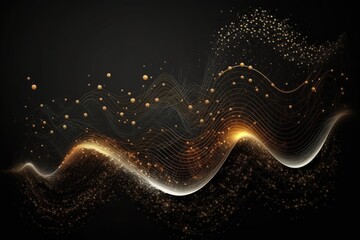 Poster - Particles in a wave against a black background. In the background, there is technology. Format for oral reports. Illustration in. Generative AI